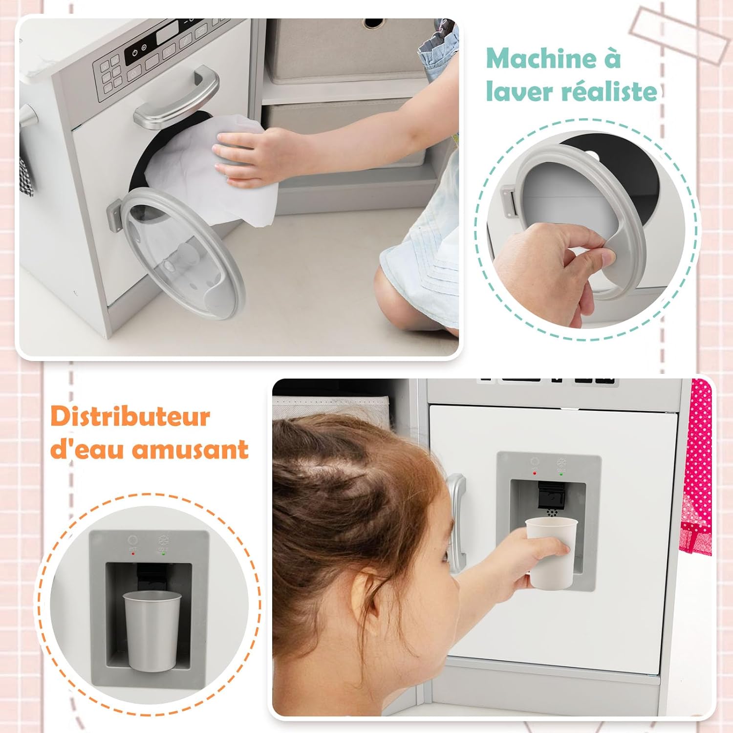 Drewniana kuchnia dziecięca z oświetleniem i dźwiękiem, drewniana kuchnia narożna z okapem kuchennym, system cyrkulacji wody, idealna dla dzieci - 3