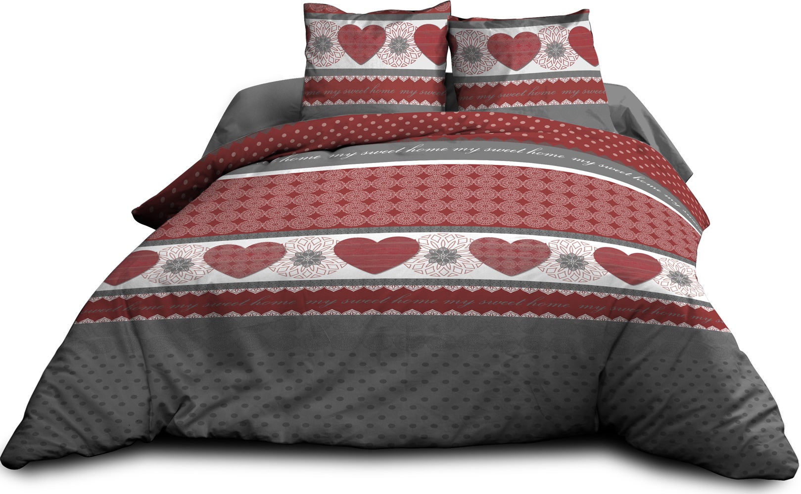 Parure Drap plat + drap-housse 160x200 + 2 T - Pur coton 57 fils - Coeurs rouge - 3