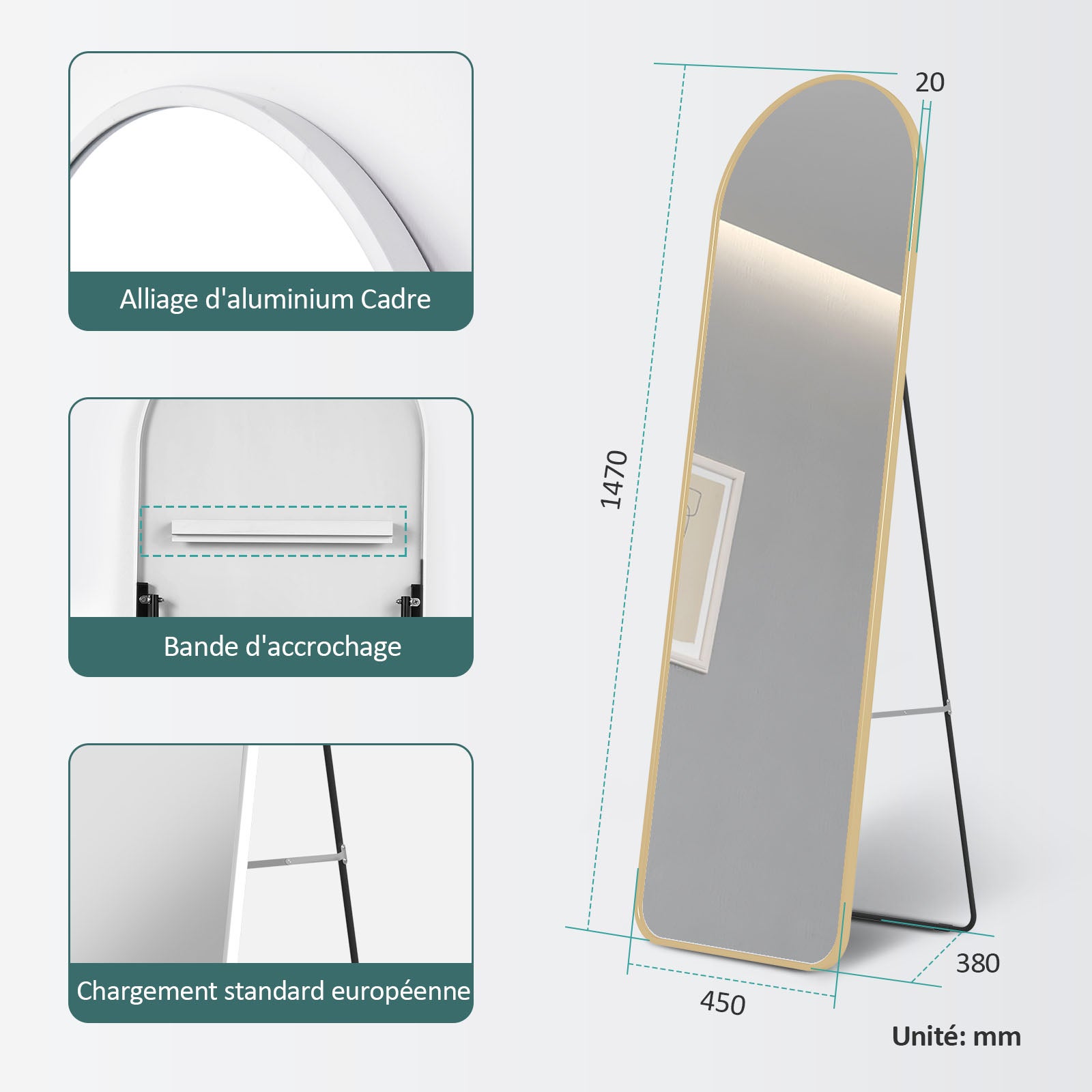 EMKE Espejo de pie 147x45 cm – Espejo enmarcado de cuerpo entero con marco dorado y lámina anti-explosión, ideal para salón o dormitorio - 2