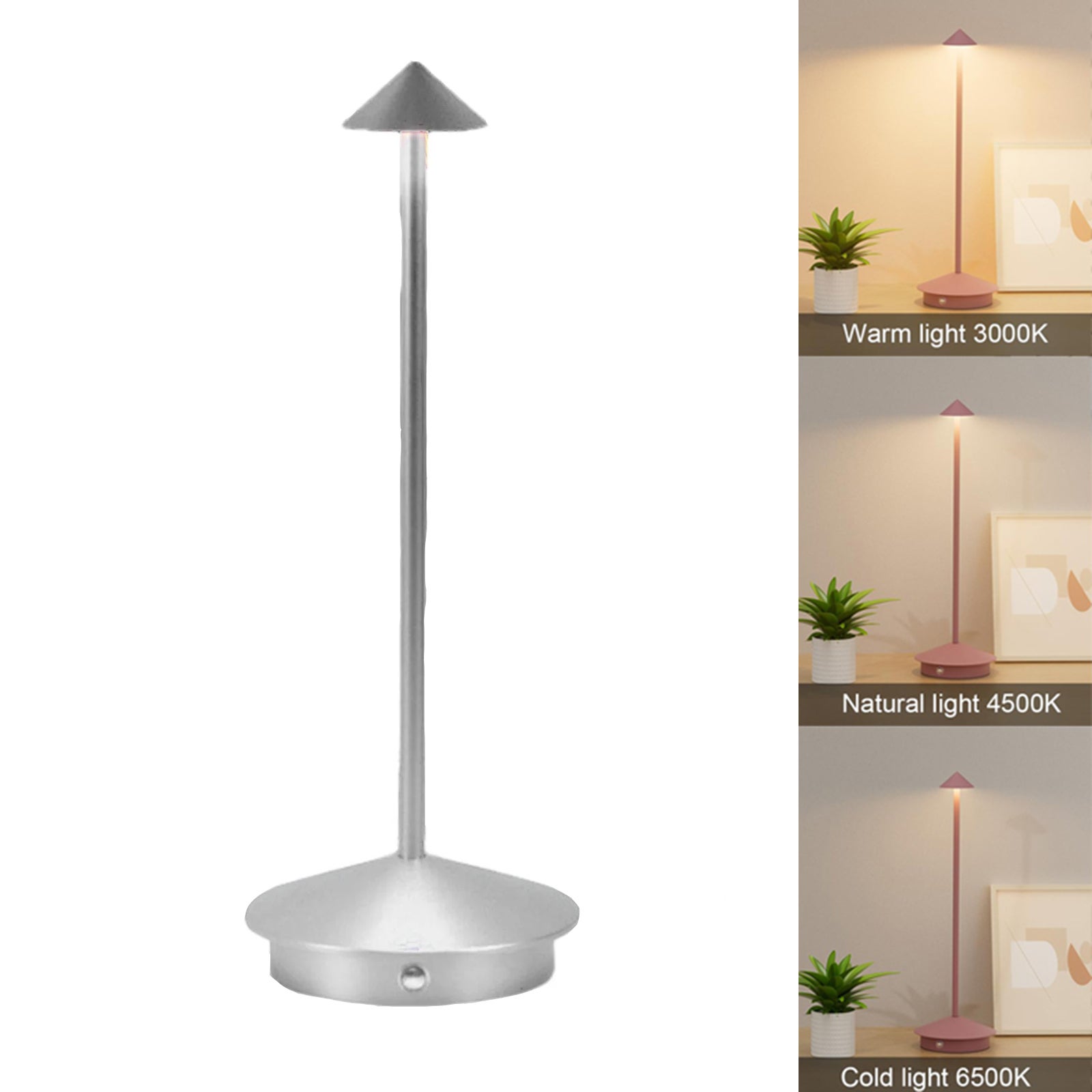 Lampa stołowa ze ściemniaczem, ładowana lampka nocna LED, temperatura barwowa 3000 K-6500 K i płynna regulacja jasności (srebrna)