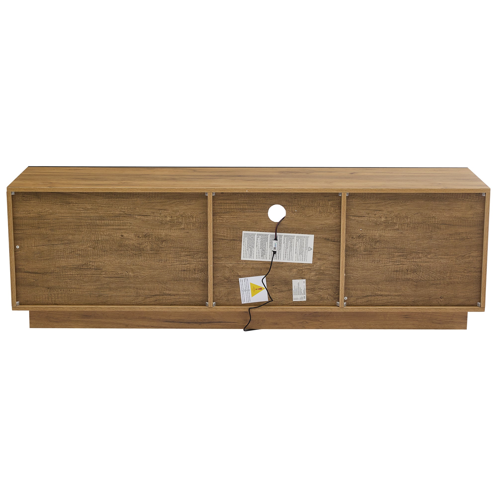 Meuble TV avec 1 porte, 1 tiroir et 2 compartiments - 160 x 40 x 50 cm - Panneau de particules et étagère en verre - LEDs - Noir et chêne - 5