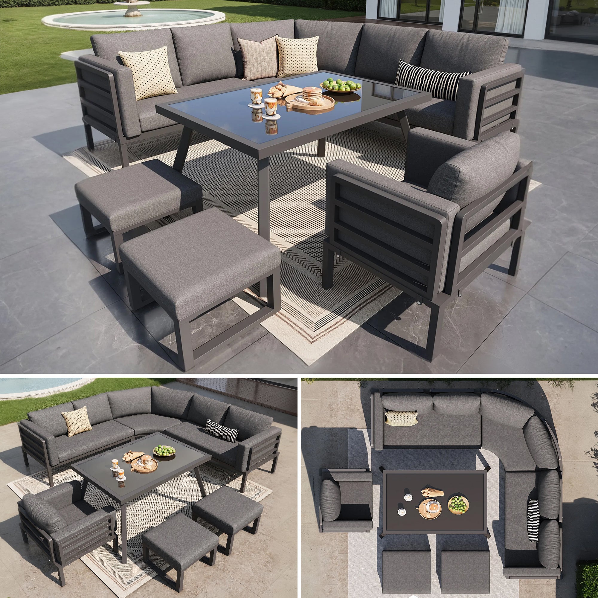 Ensemble Salon de Jardin pour 8 personnes, Salon de jardin avec table en verre, 1 Fauteuil et 2 poufs, Housses Détachables, Canapé d'angl gris - 2