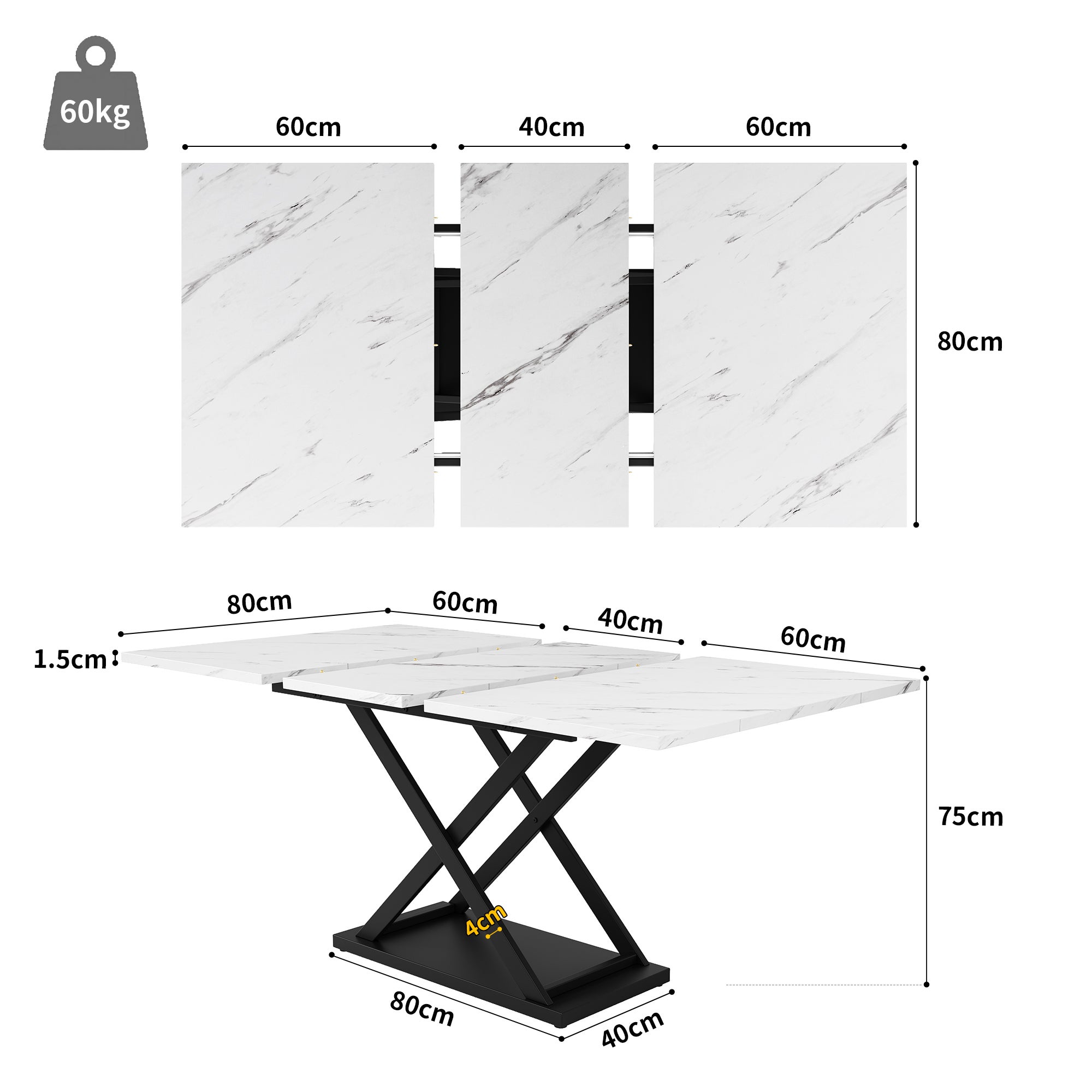 Rozkładany stół jadalny dla 4-6 osób - 120/160 x 80 x 75 cm - Nogi z płyty MDF i metalu - Blat imitujący marmur - Kolor biały - 5