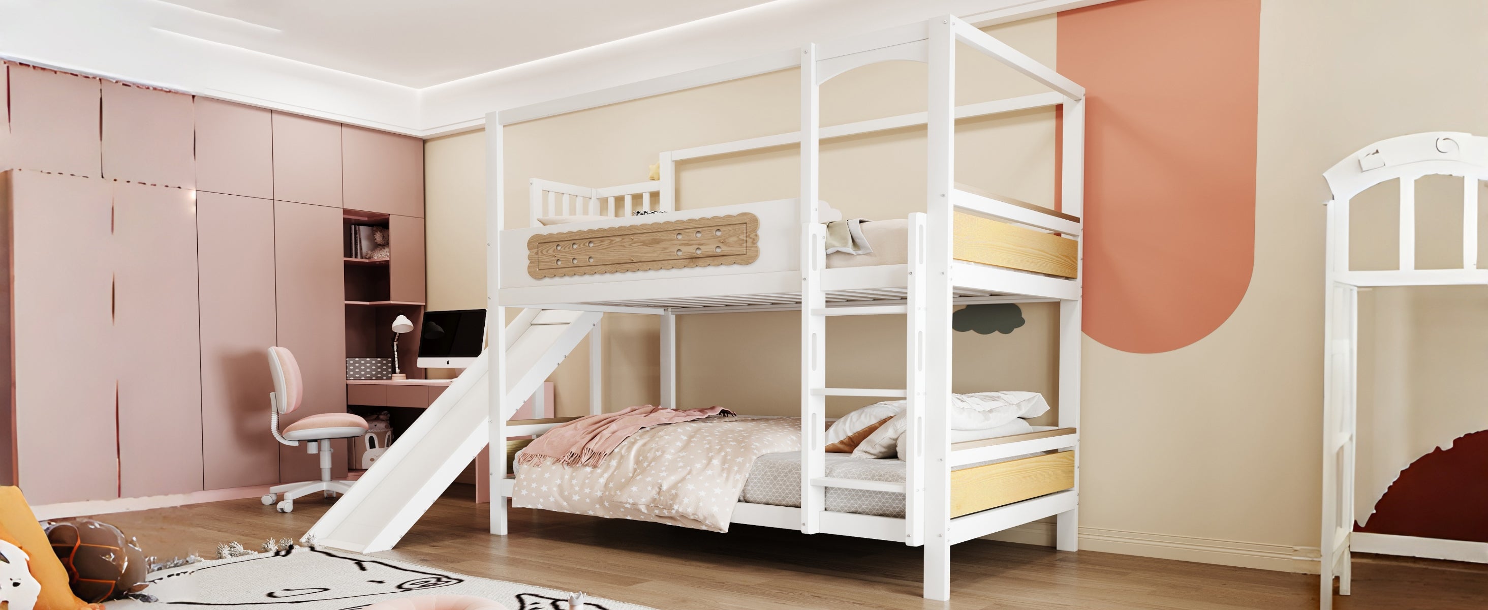 Łóżka piętrowe 2 x 90 x 200 cm z barierkami i zjeżdżalnią - Sosna + sklejka + MDF - Białe (Materace nie są wliczone w cenę) - 6