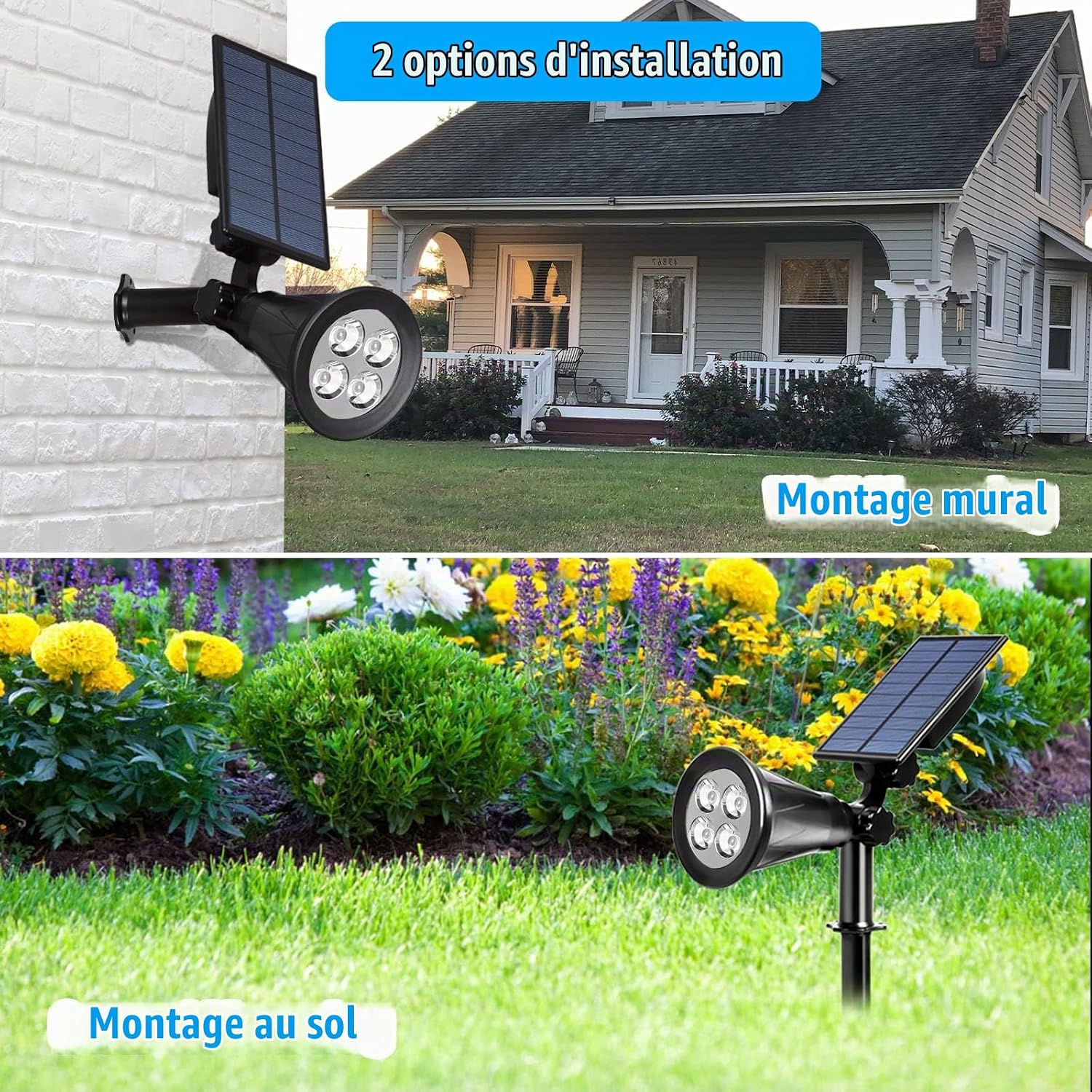 2 Pack LED Solaire Projecteur, Lampe Solaire de 4 LED, Étanche ...