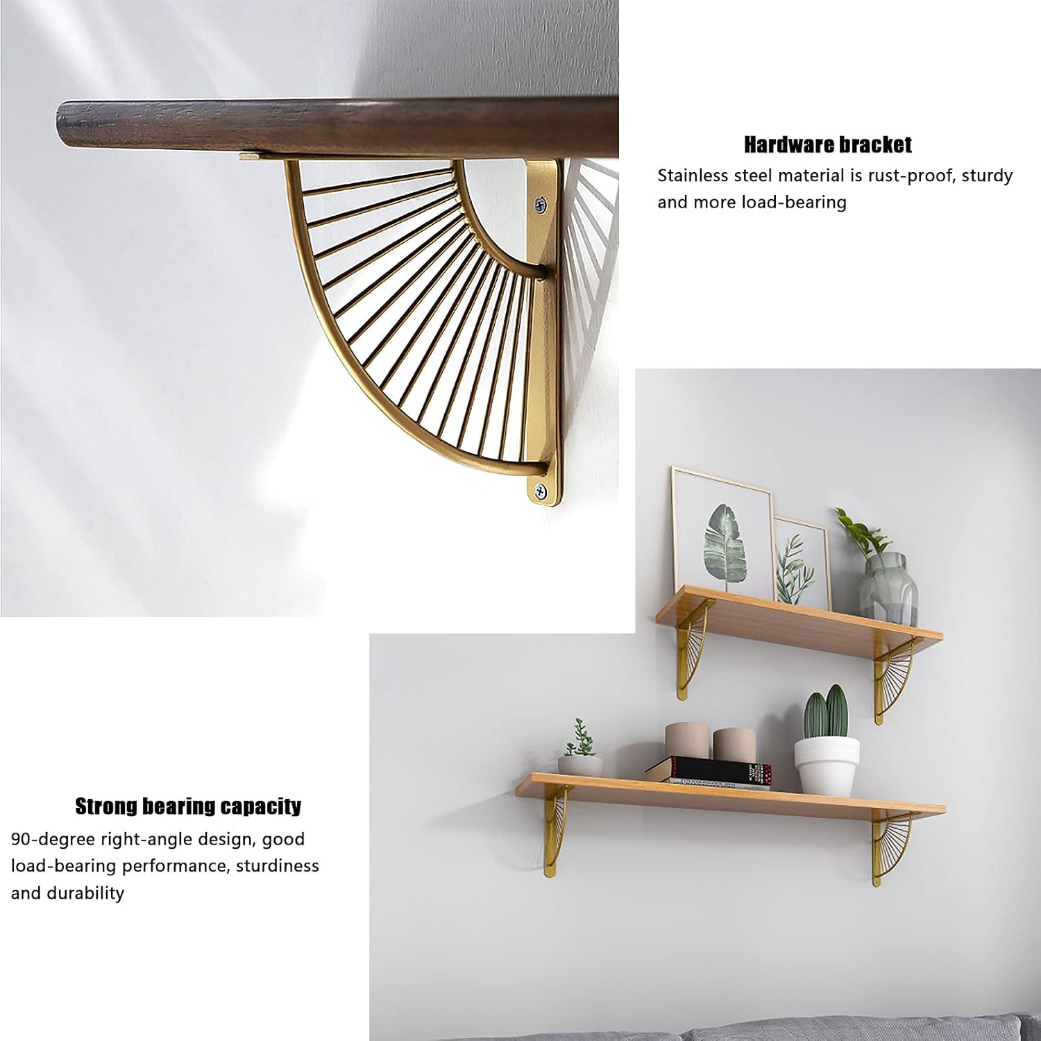 Supporto da parete, supporto per mensola da parete, supporto da parete triangolare, supporto da parete in legno (oro). - 5