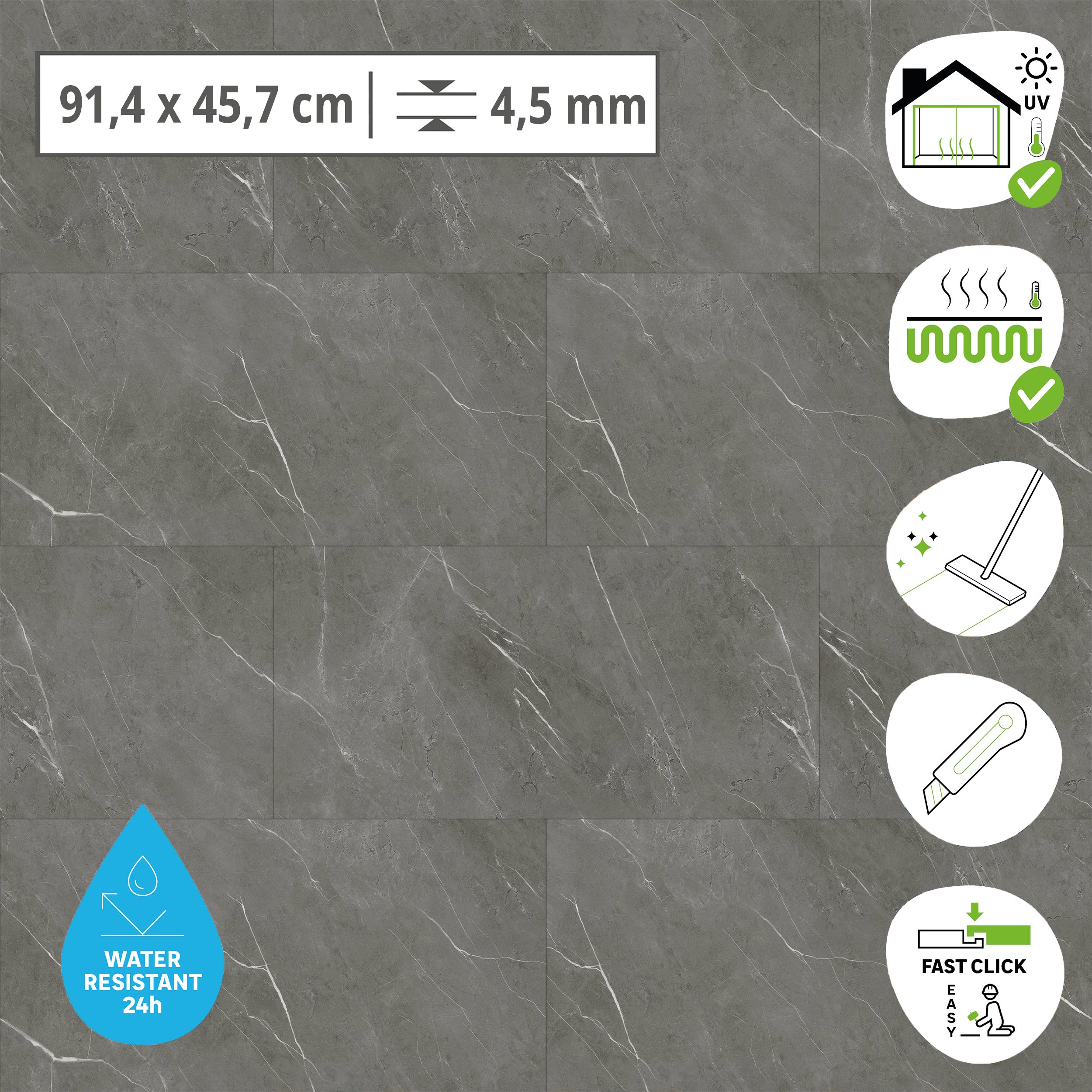 ARTENS - Pavimenti in PVC - Piastrelle in PVC ad incastro ALBURY - INTENSO - Effetto marmo - Grigio - Dimensioni L.91,4 cm x P.45,7 cm - Spessore 4,5 - 2