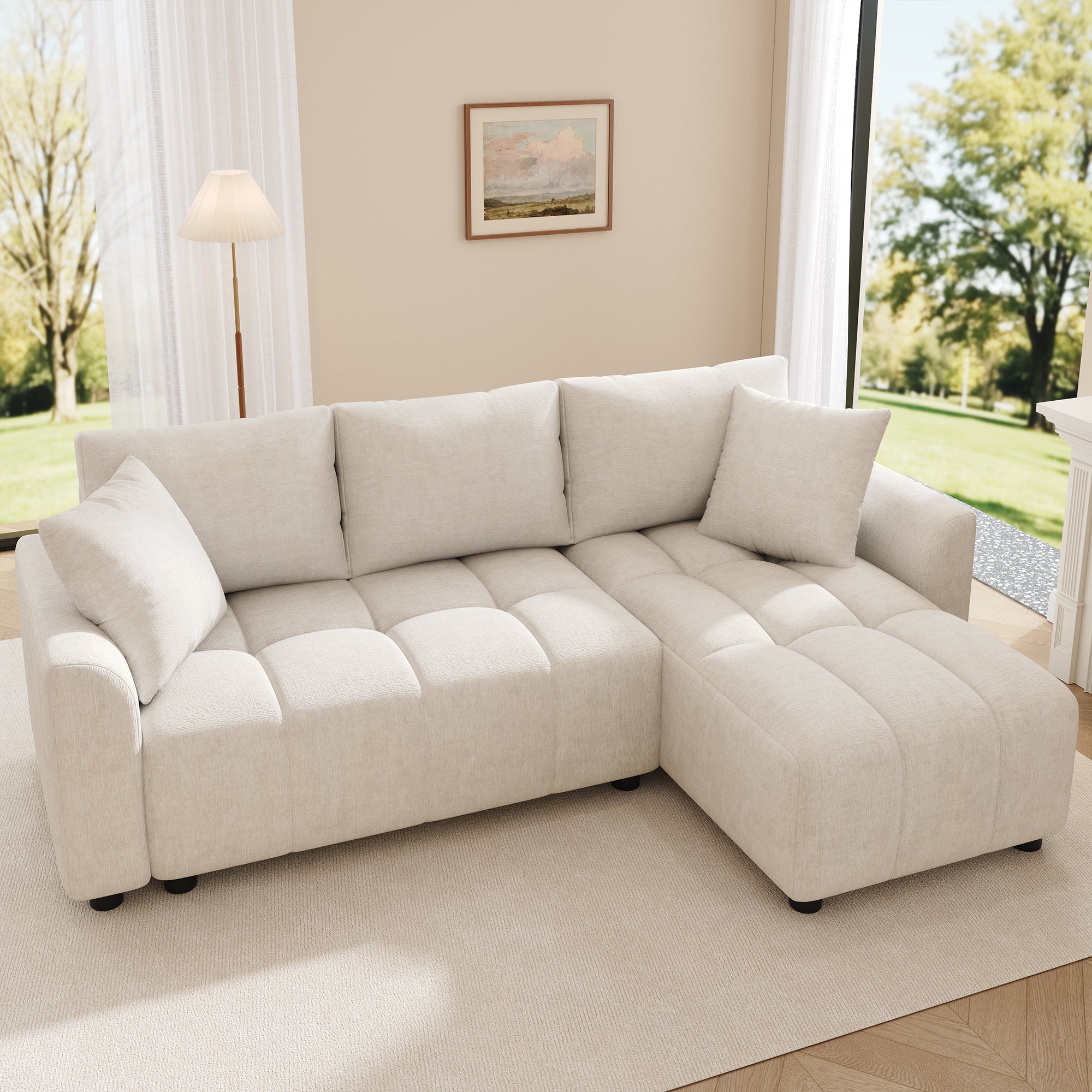 Canapé d'angle 3 places avec 2 coussins - 204 x 127 x 82.5 cm - Tissu en chenille - Beige - 2