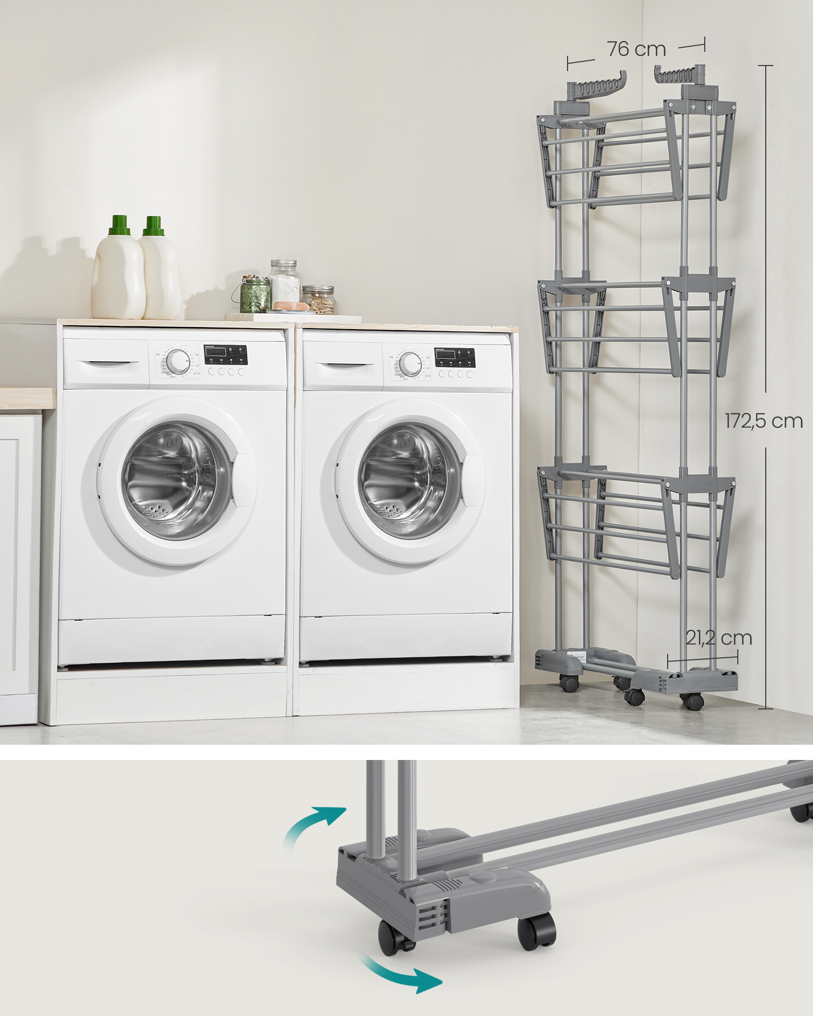Stendibiancheria, Stendino Pieghevole a 4 Livelli con Ruote e Ali Richiudibili, 63,5 x 125,5 x 173 cm, Grigio - 7