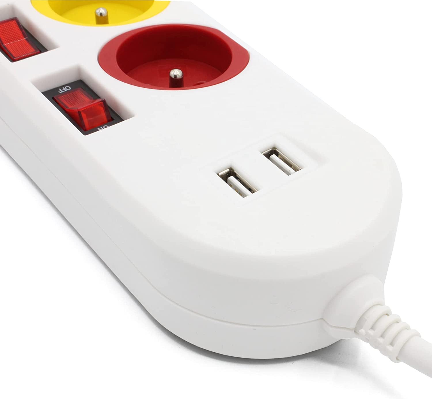 FISHTEC - Multiprise Trio Color - 3 prises avec interrupteurs individuels + 2 ports USB - 1,8 m - 3680W - ABS robuste - Maison ou bureau - 8