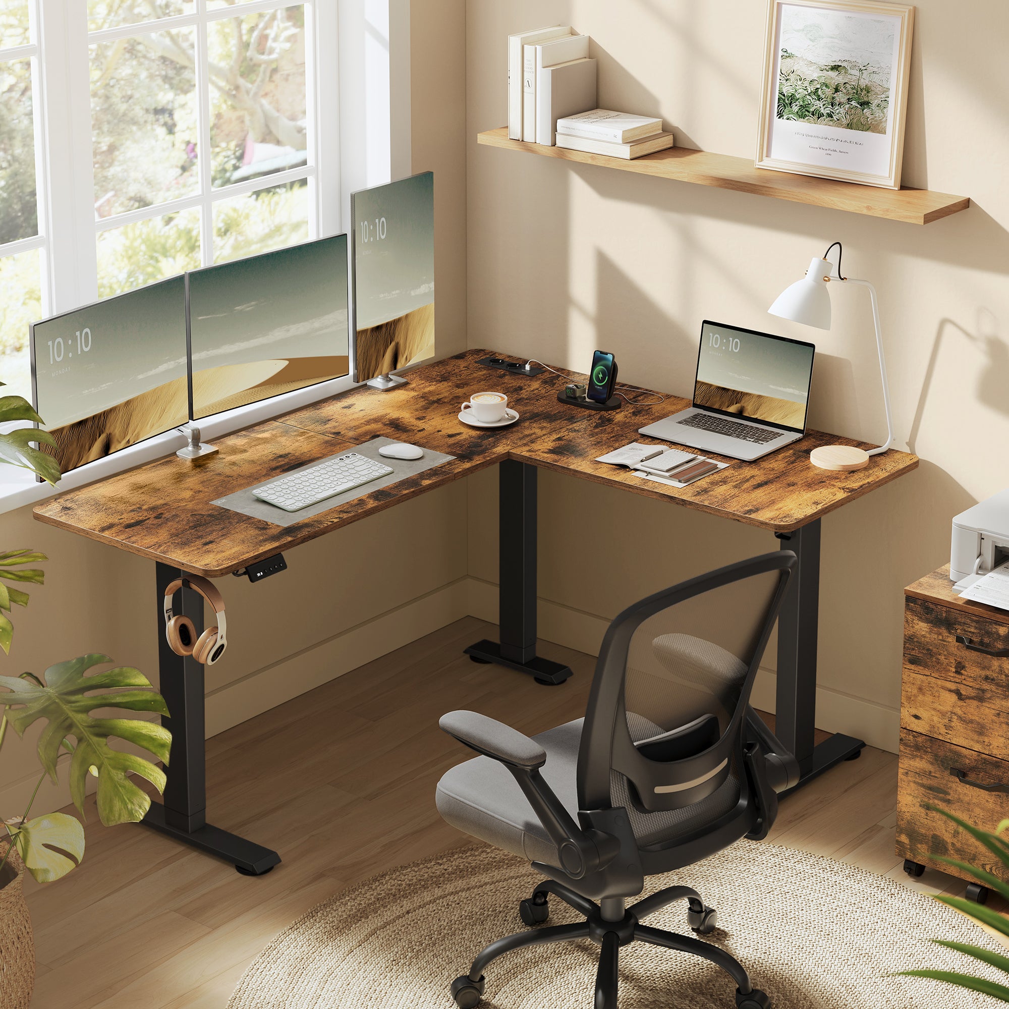 Bureau Électrique Réglable en Hauteur, Table d’Angle en L, 140 x 160 cm, avec Multiprise, Fonction Mémoire 2 Hauteurs, Marron Rustique et Noir d’Encre - 2