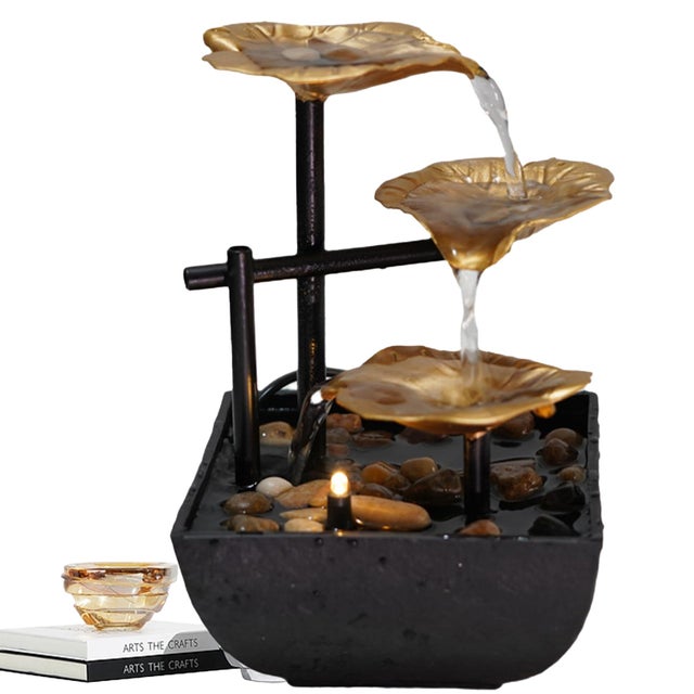Fontaine de Bureau Intérieure en Métal avec LED, Cascade d'Eau Courante, Décor Zen Moderne pour Maison, Bureau, Chambre (Or)