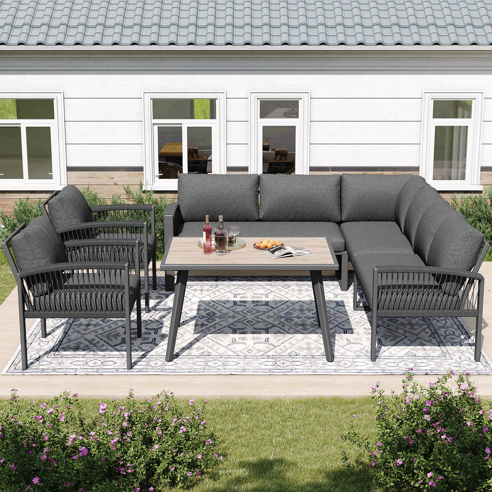 Salon de jardin modulable en fer galvanisé : 1 canapé 4 places + 1 canapé 2 places + 2 fauteuils + 1 table basse - Gris - 4