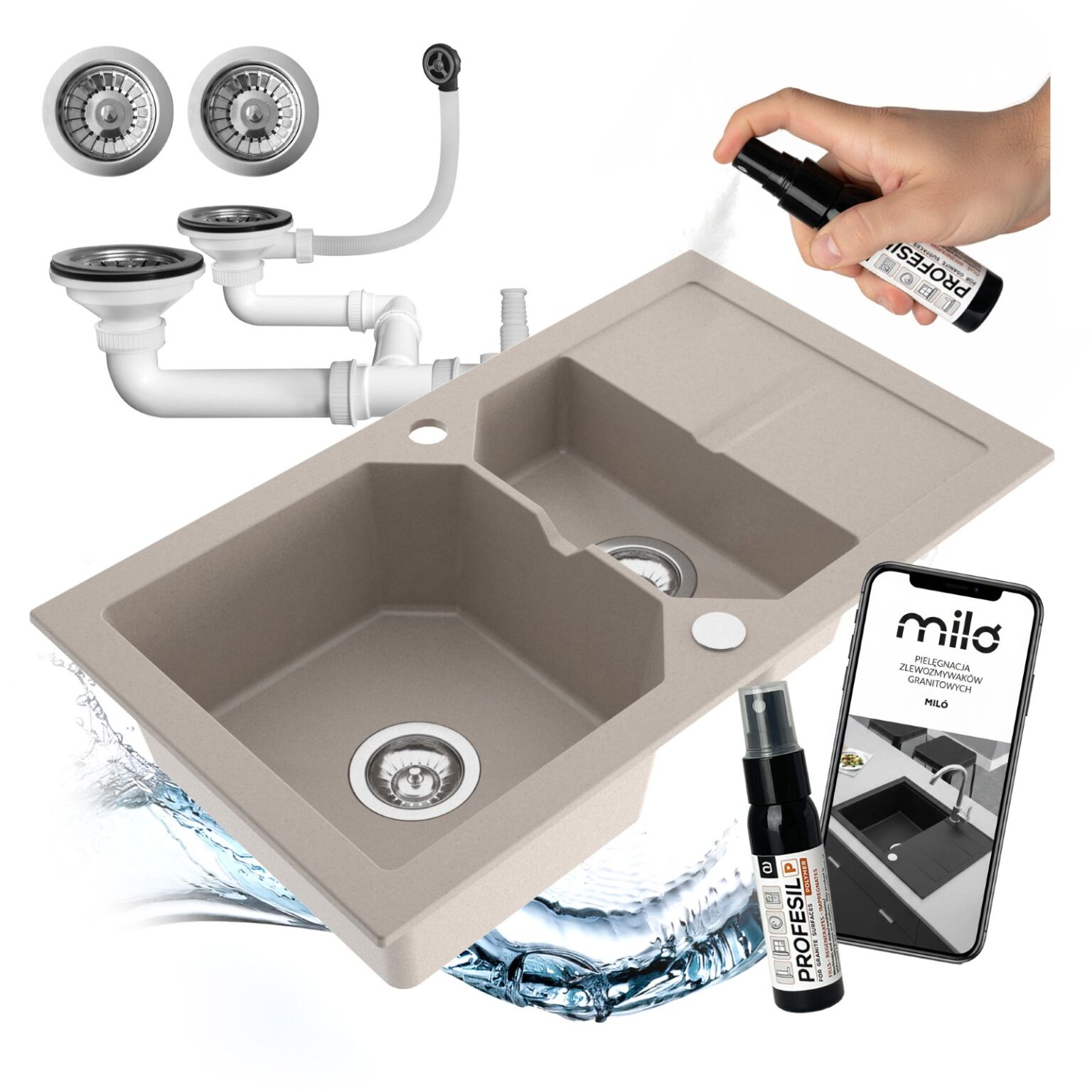 Zlewozmywak półtorakomorowy z ociekaczem Kenzo beżowy w zestawie z syfonem przyściennym