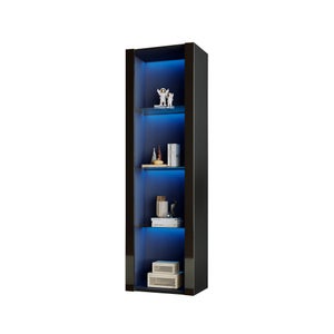 Vitrine En Verre Éclairée LED SONNI - Noire Brillante Avec 4 Étages Et Tiroir - 550x350x1720 Mm