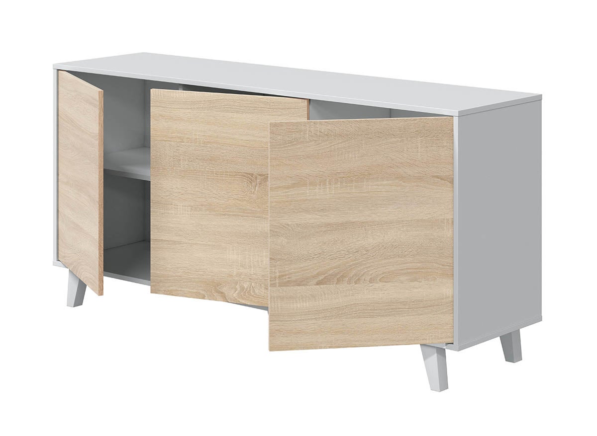 Buffet avec 3 Portes coloris blanc brillant et chêne - Dim : L 154 x P 41 x H 75 cm - 3