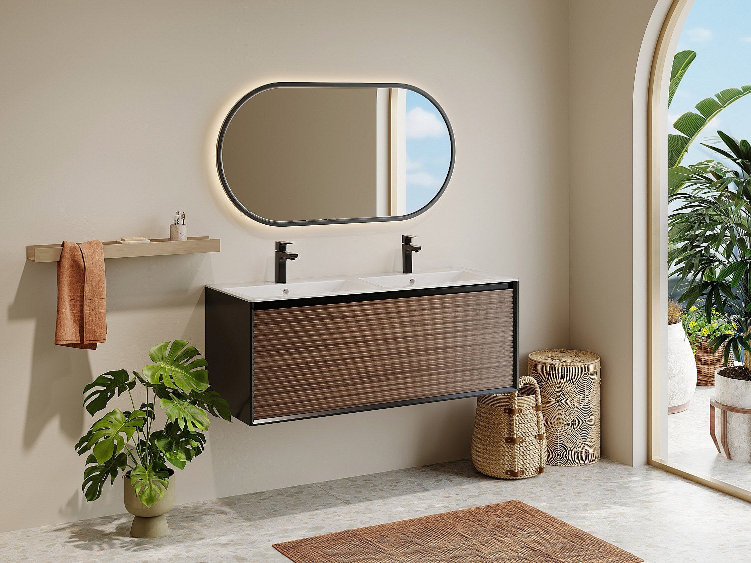 Podwieszana szafka łazienkowa z prążkowanym wykończeniem, umywalką nablatową i kranem - Kolor ciemny naturalny i czarny - 80 cm - BANIVA