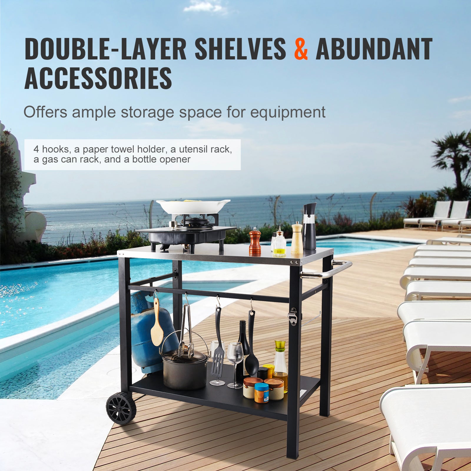 Desserte Plancha à VEVOR 2 Niveaux Chariot de Barbecue avec Grand Plan de Travail en Inox 85 x 55 cm Table de Barbecue sur Roulettes pour Four à Pizza - 4