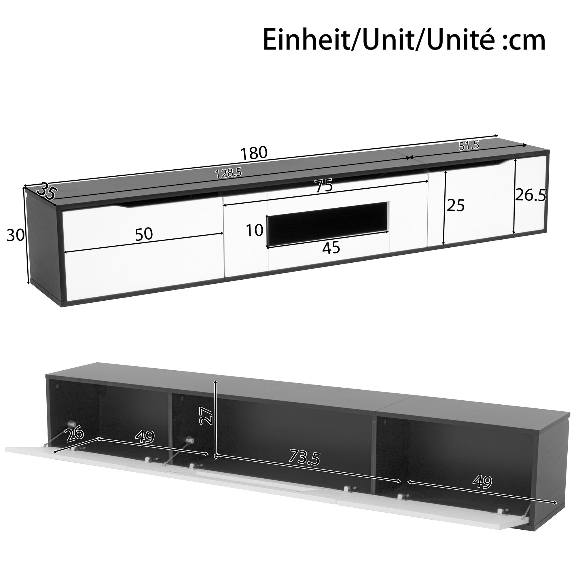 Nowoczesna szafka pod telewizor 180 x 35 x 30 cm - do montażu na ścianie/wolnostojąca - z oświetleniem LED i portami USB - płyta MDF - czarny - 5