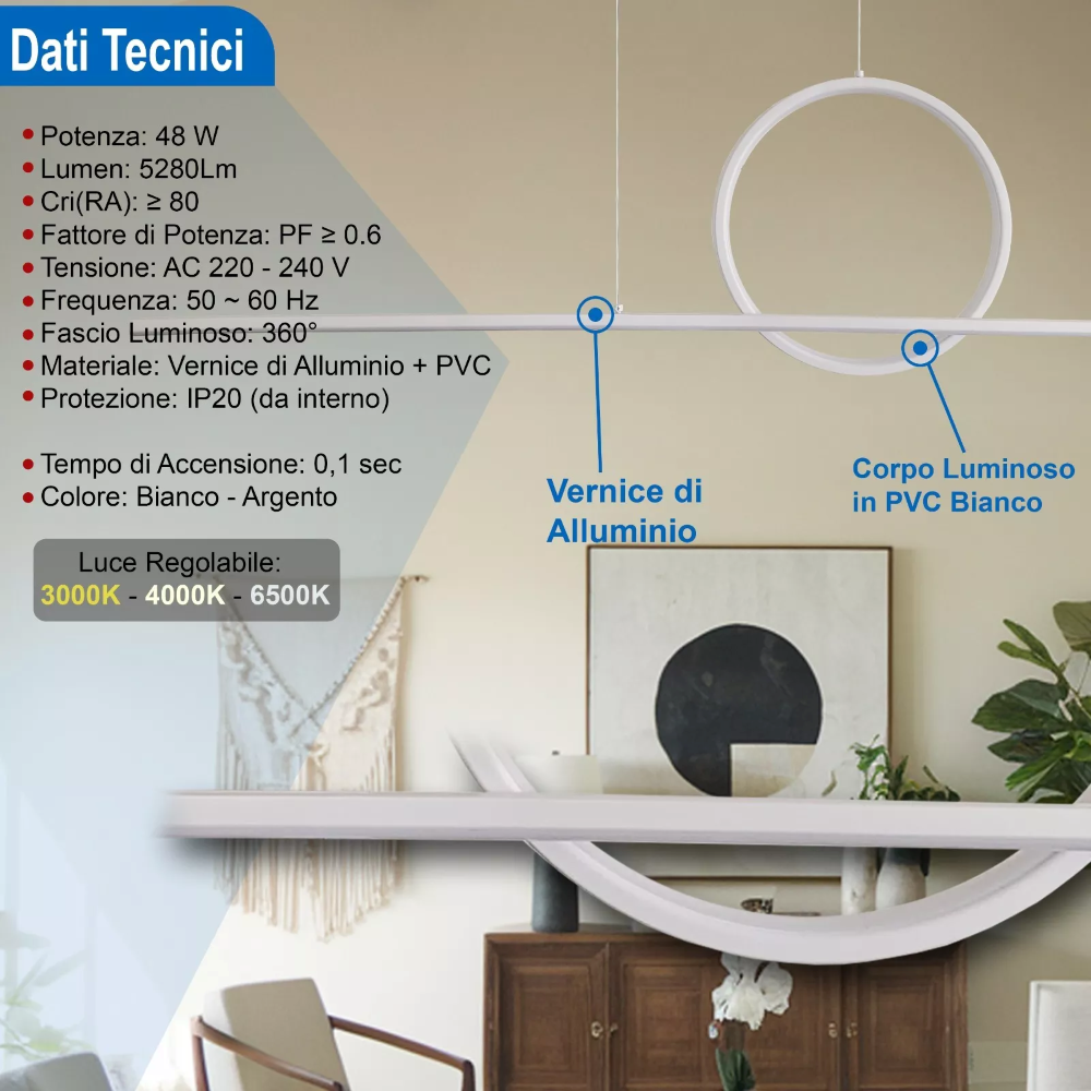 Lampadario Da interno LED cucina soggiorno stanza Design a sospensione Luce regolabile cambio colore 3000-4000K-6500K CERCHIO 48W - 4