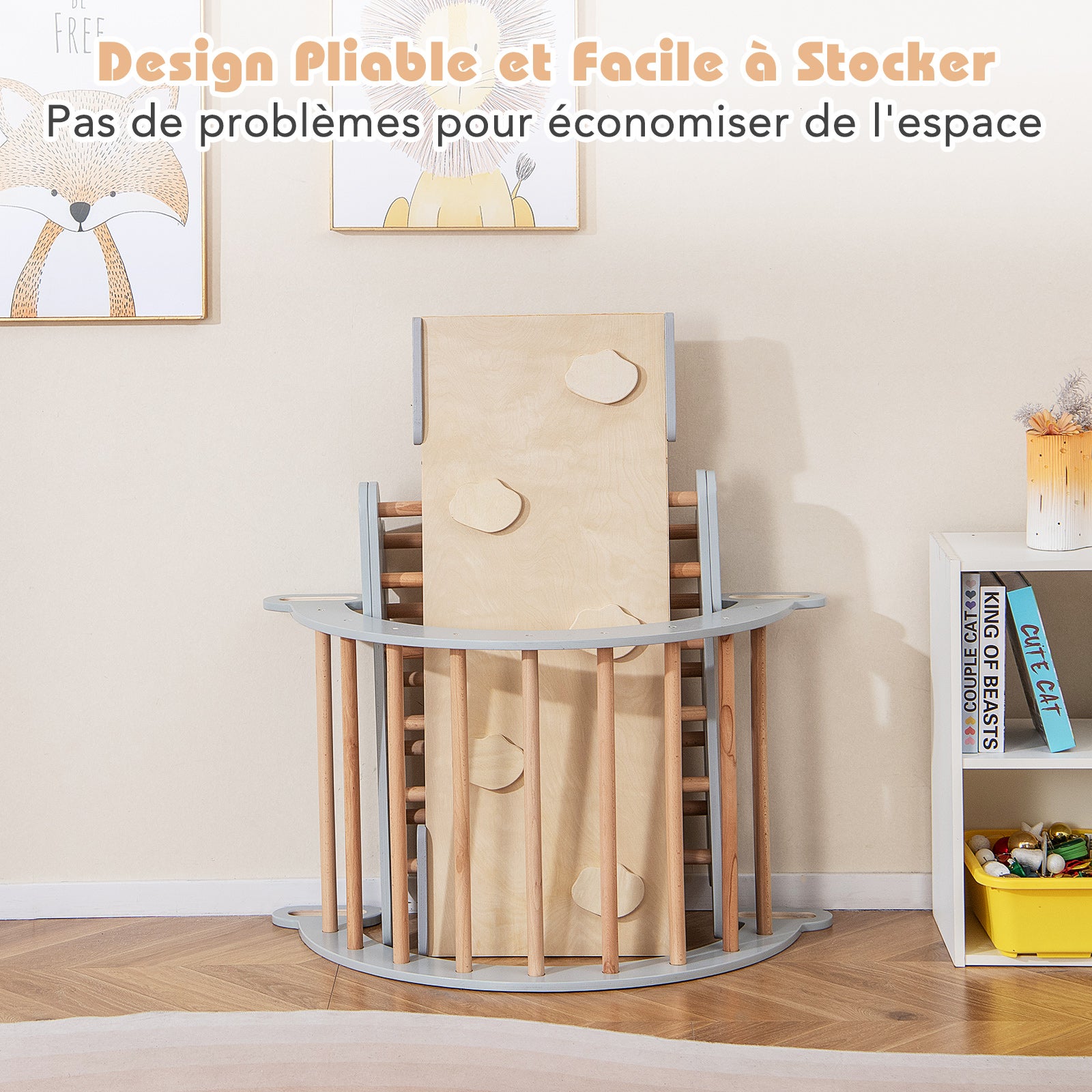 7 en 1 Triangle Arche Montessori, Arche d'escalade Enfants avec Toboggan Bois,Rampe, Échelle Réglable, pour Tout-Petits Bébé 1 Ans+(Gris Naturel) - 6