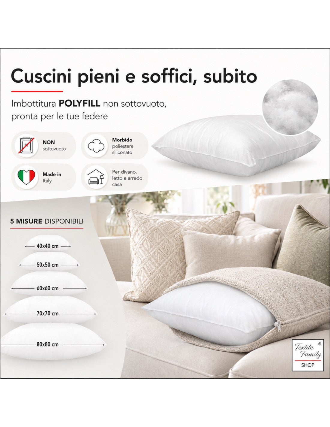 REMBOURRAGE POLYFILL POUR L'INTÉRIEUR DE COUSSIN EN POLYESTER DE TOUTES LES MESURES Cm. 50x50 - 3