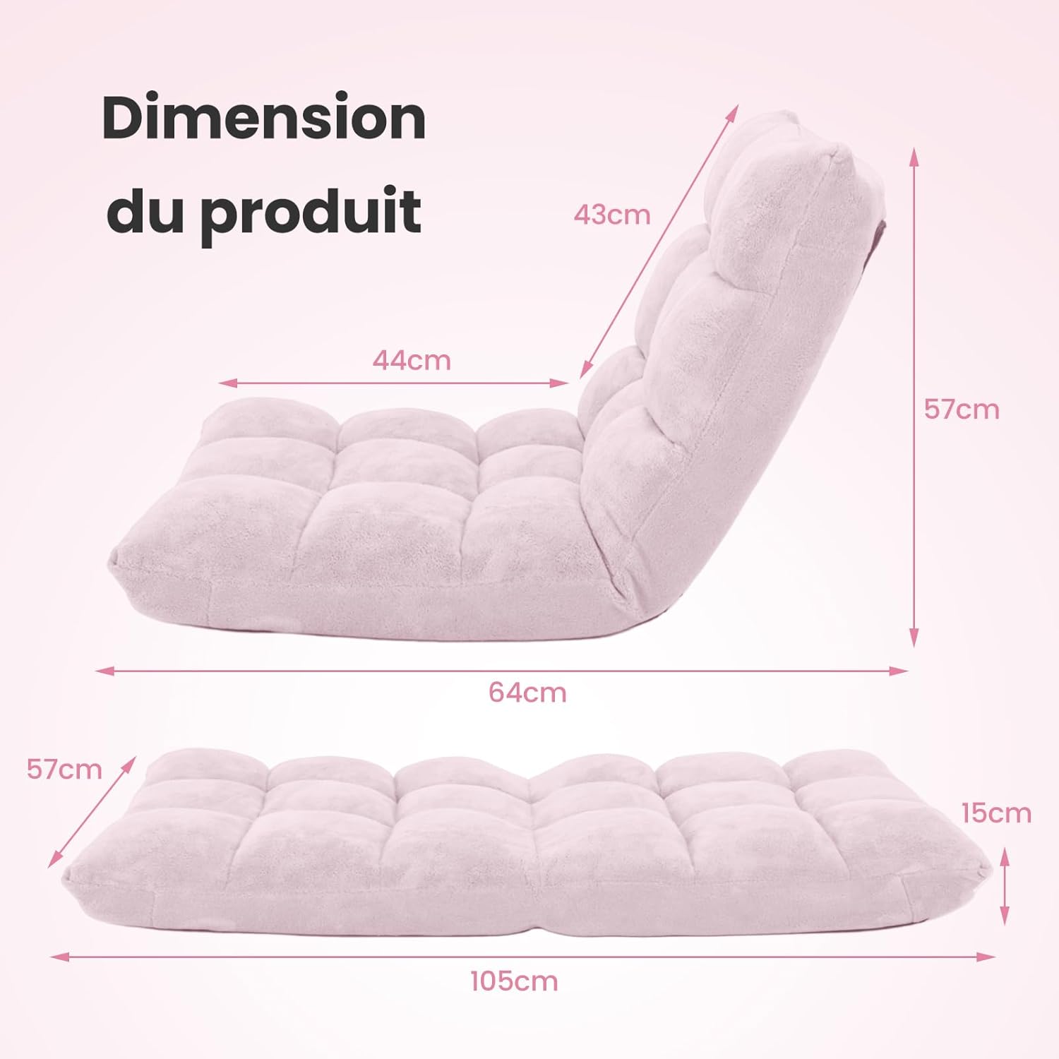 Canapé Paresseux Tatami Pliable Chaise de Plancher Coussin de Chaise de Lit Siège de Sol pour Maison, Bureau 105 x 56 x 15 CM (Rose Clair) - 3