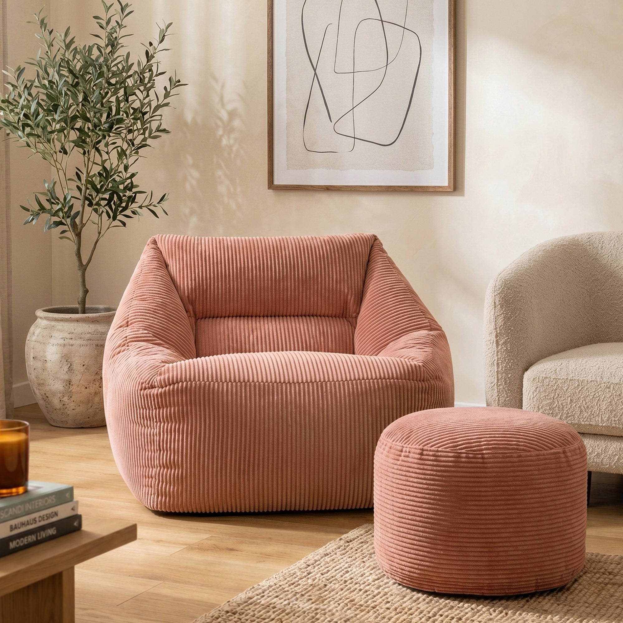 Pouf fauteuil salon avec repose-pied rond Icon velours côtelé rose aube 97x84cm Oeko-Tex® - 2