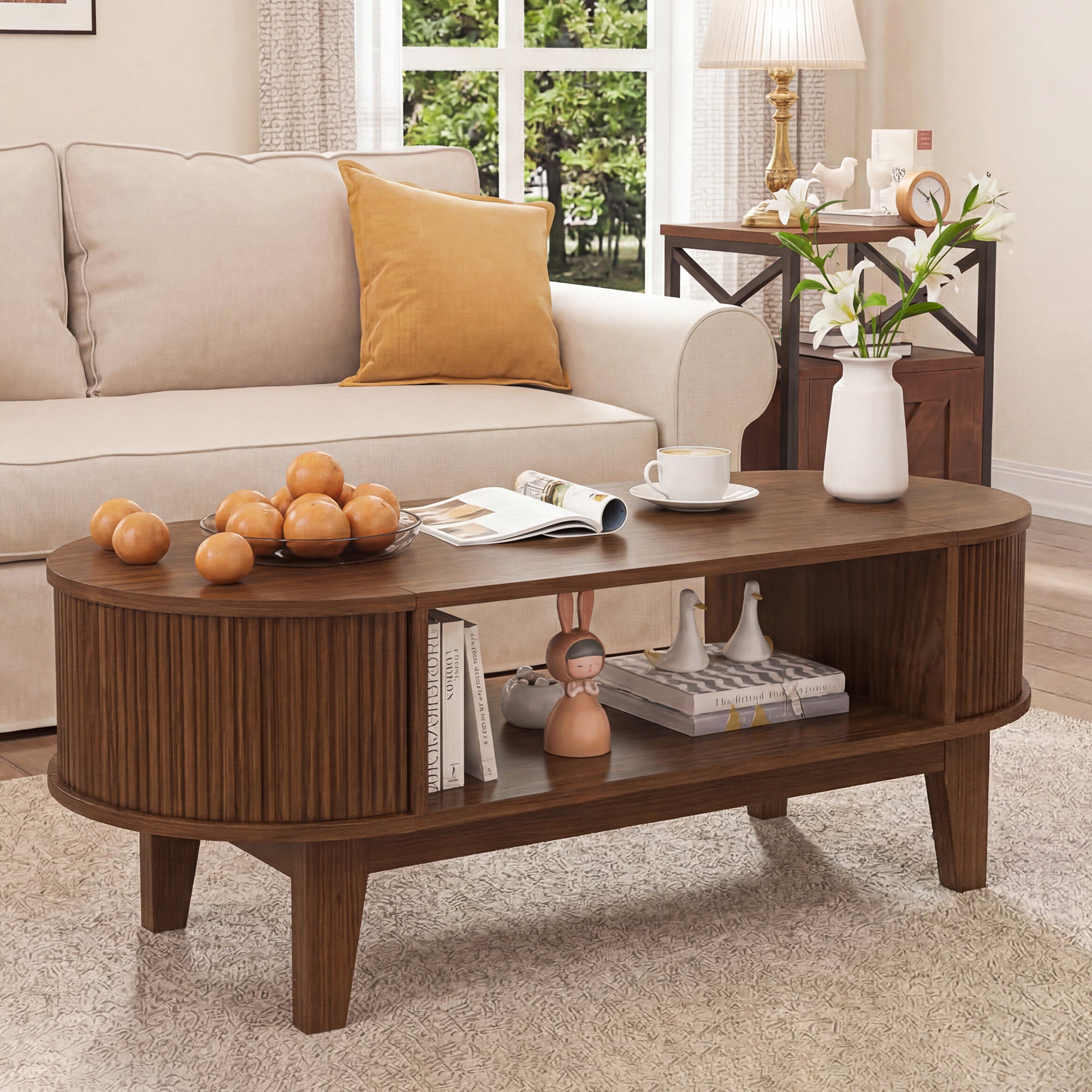 Table Basse 100x50x50cm, Style Scandinave, Table de Salon avec 2 Couche et Rangement Caché pour Salon, Chambre, Bureau, Petits Espaces, Noyer - 3