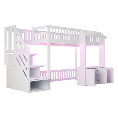 Lit superposé Enfant 90X200 avec armoire et LED, Lit mezzanine avec escalier de rangement et sommier à lattes, Blanc(Sans Matelas) - 7