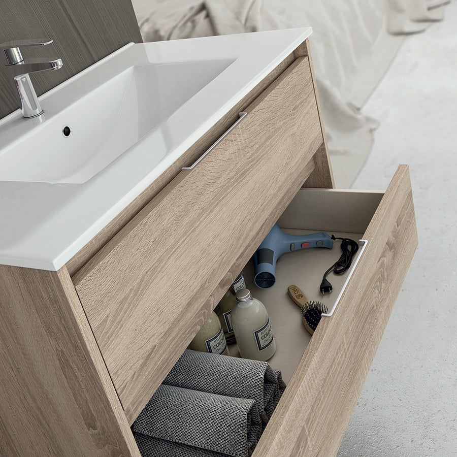 Meuble de salle de bain 80cm simple vasque - 3 tiroirs - sans miroir - TIRIS 3C - cambrian (chêne) - 2