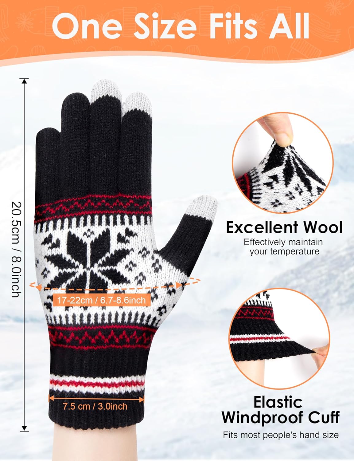 Gants de Noël pour couple – Gants d'hiver épais et élastiques pour écran tactile – Motif flocon de neige, noir et gris - 5