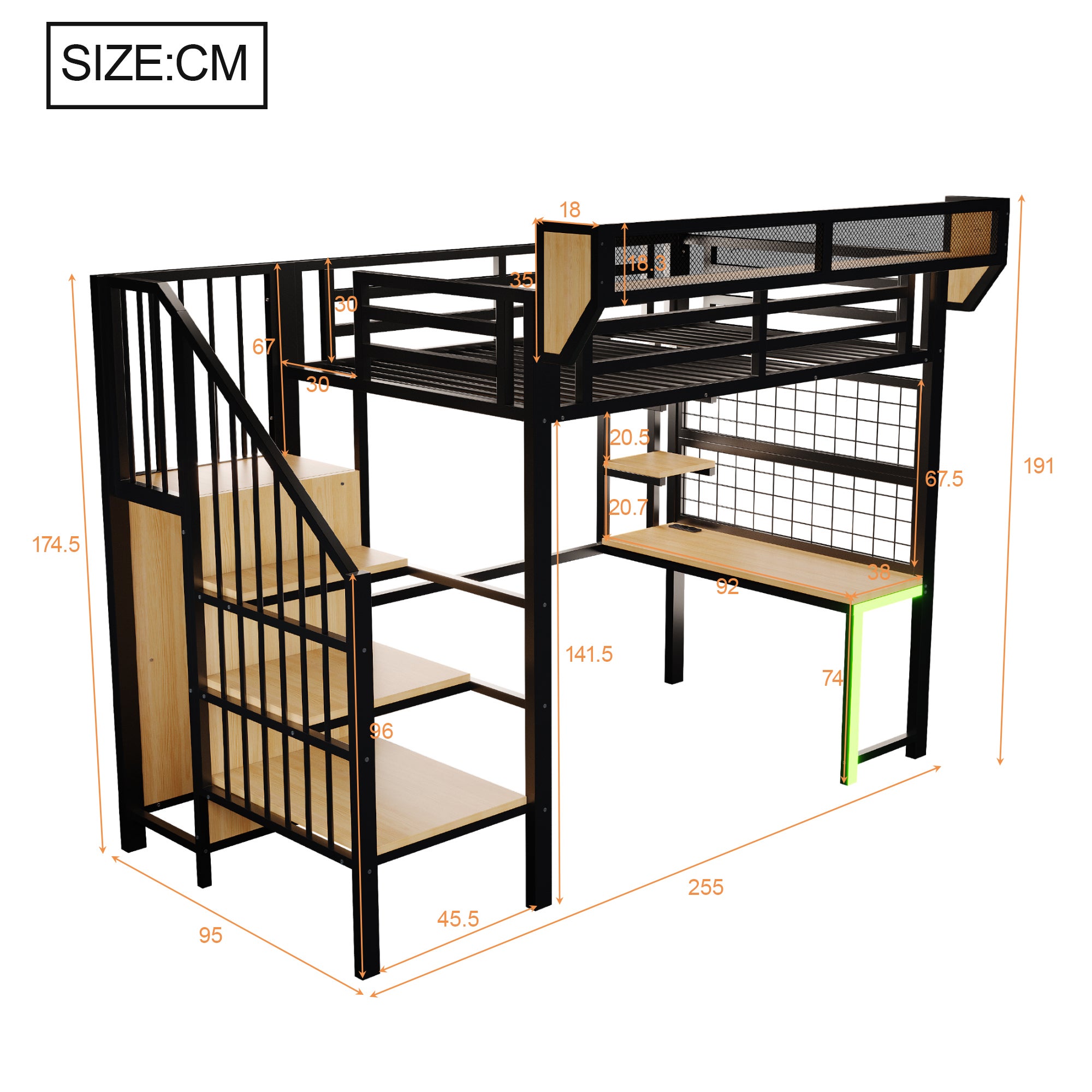 Lit Mezzanine en Métal 90x200 cm avec Bureau, Armoire et Échelle de Rangement, Lit superposé avec LED et Prises, Lit enfant Noir, Sans matelas - 9