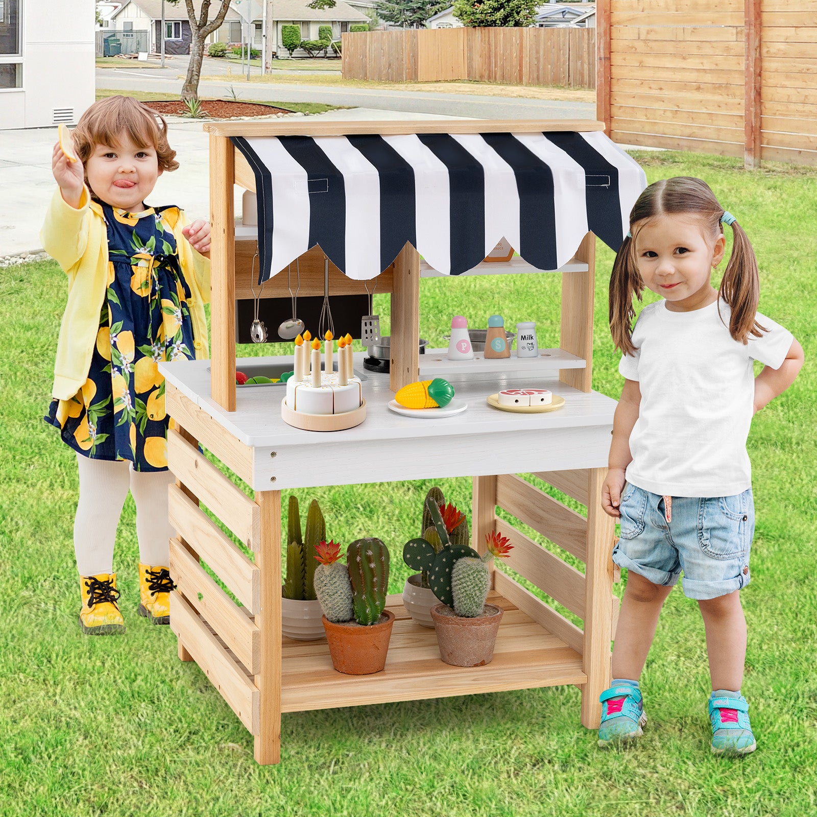 Cuisine Enfant Double Face avec Réservoir à Eau & Evier Amovible, Jeu de Cuisine en Bois avec Auvent & 6 Accessoires, pour 3 Ans+, Naturel - 2