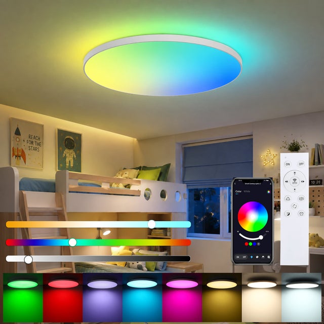 Plafonnier LED RGB CCT 22W 2200 lm, rond Ø30 cm, 2700K-6500K, dimmable, APP Bluetooth, IP44, salon chambre, blanc, LOVHAUS