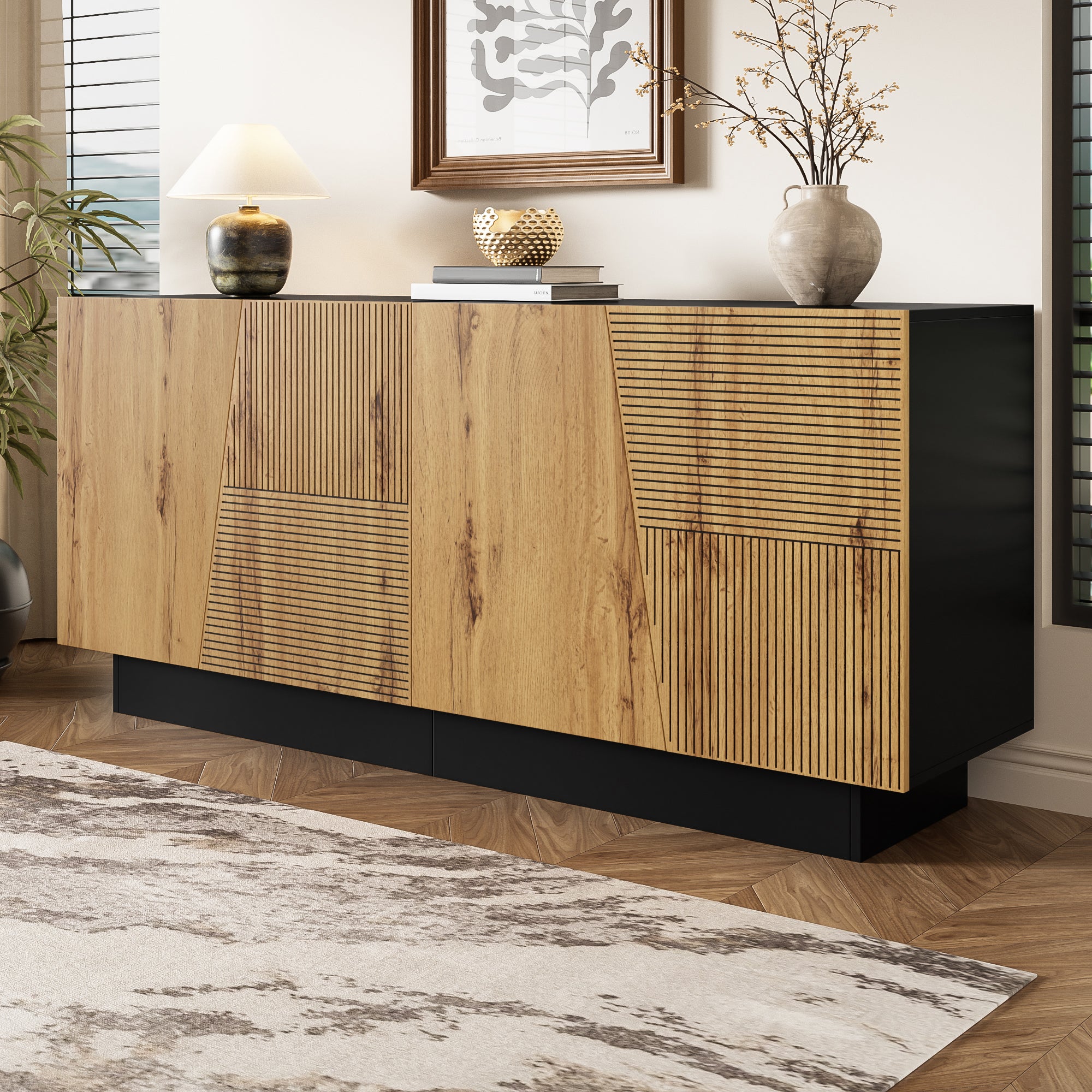Nowoczesna komoda z 4 drzwiami - 160 x 40 x 72 cm - Płyta wiórowa - Drewno i czerń - 9