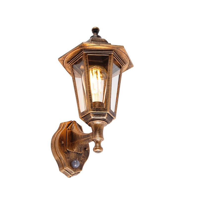Klasyczna lampa ścienna zewnętrzna antyczne złoto z czujnikiem ruchu - New Haven