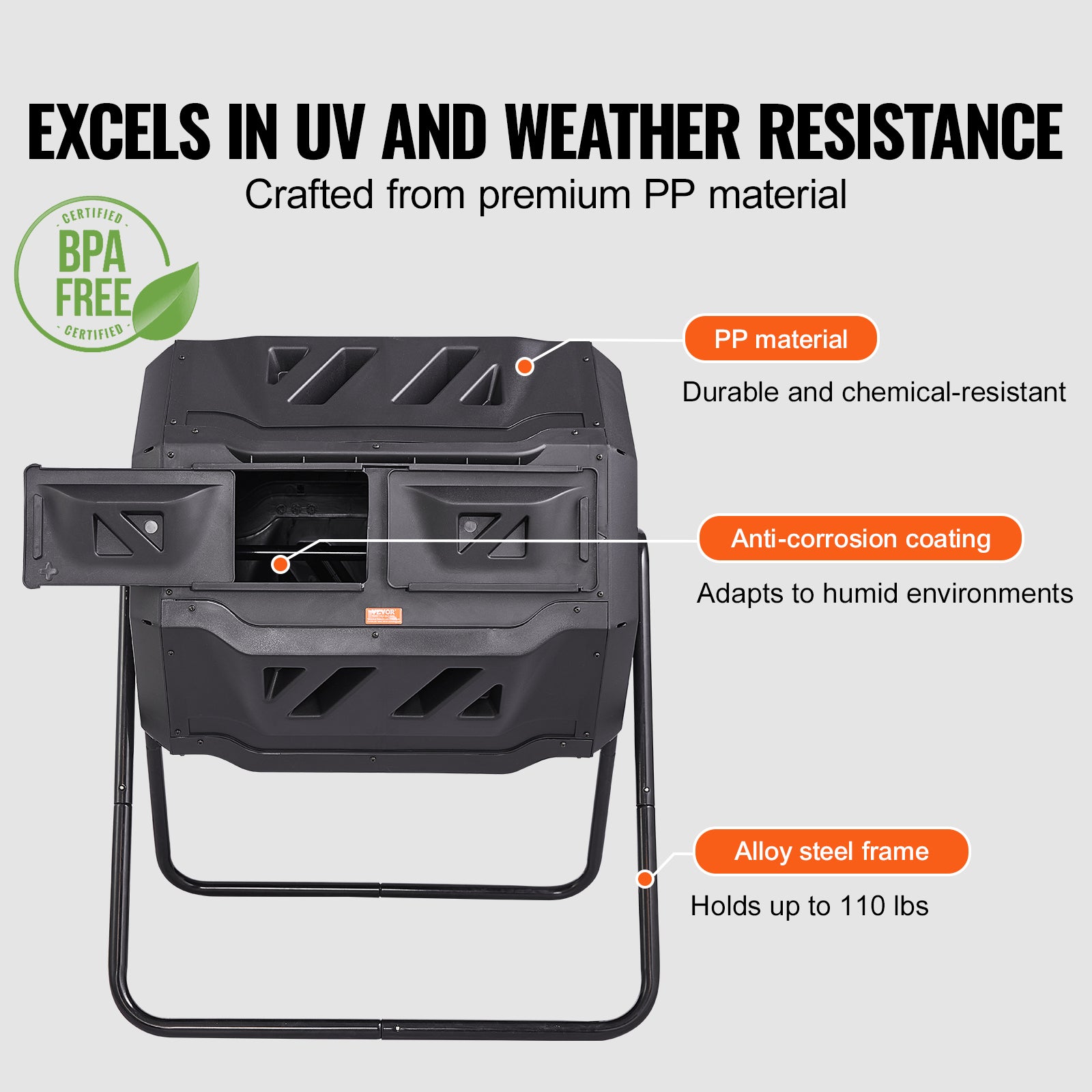 Composteur Jardin Rotatif VEVOR 162,7 L Double Chambre Bac à Compost Rotatif à 360° en PP sans BPA Charge 50 kg pour Compostage des Déchets Organiques - 4