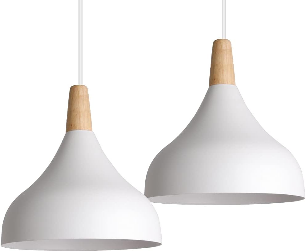 Zestaw 2 nowoczesnych lamp wiszących z drewna i metalu, styl skandynawski, E27, oświetlenie wewnętrzne do jadalni, salonu, sypialni, 20 cm (białe)