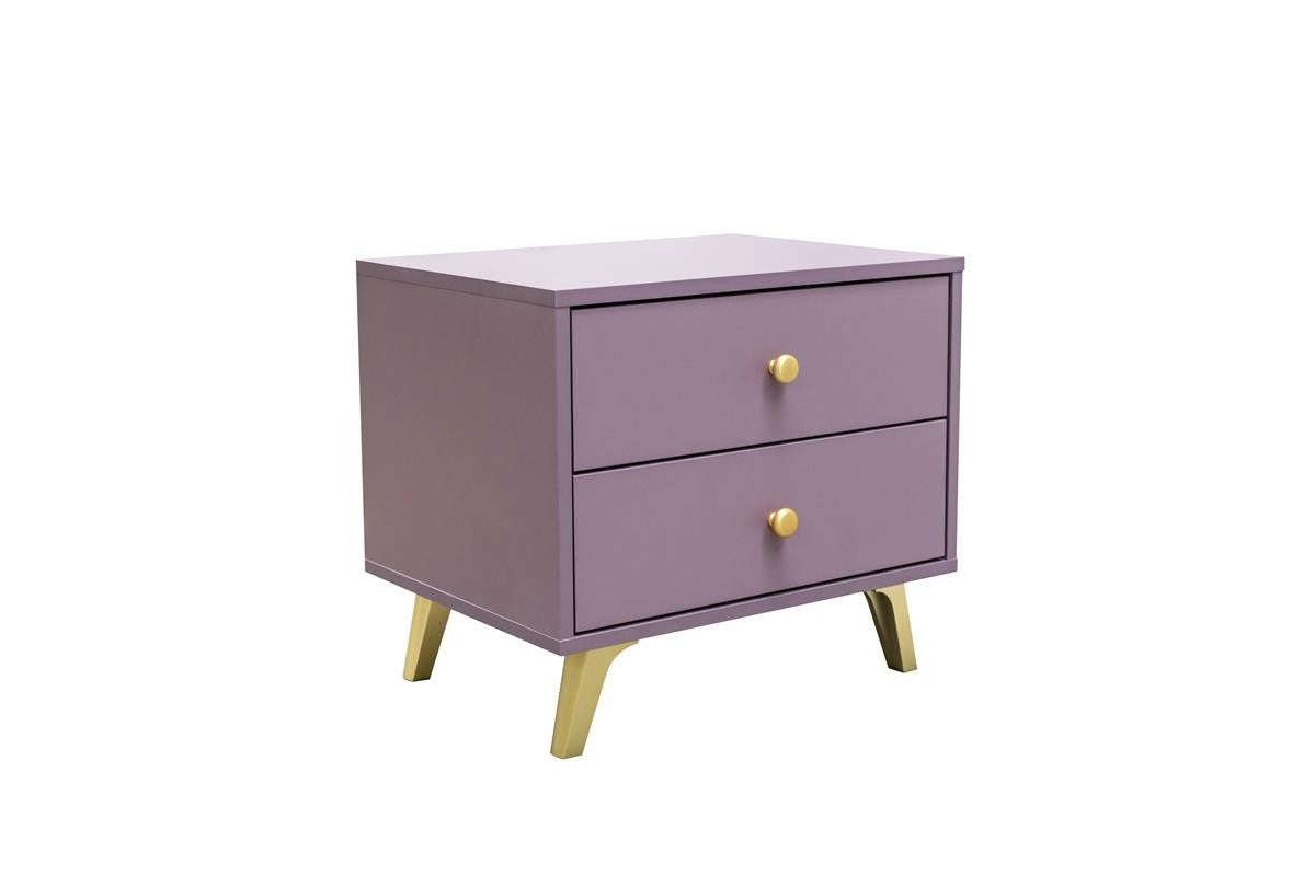 Stolik nocny RAINBOW II 53 cm z szufladami i złotymi gałkami – elegancka śliwka do sypialni