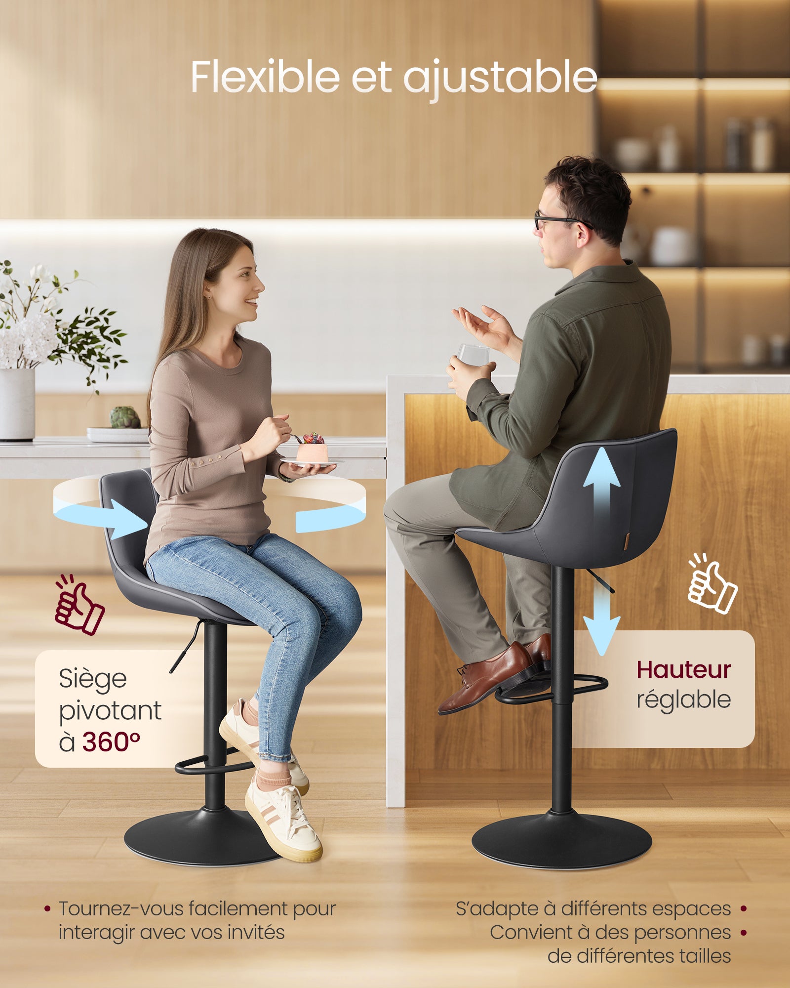 Lot de 2 Tabourets de Bar,Pivotants, Réglables en Hauteur, Dossier Ergonomique,PU, Base Métallique, Modernes, pour Îlot de Cuisine, Bar, Noir d'Encre - 3