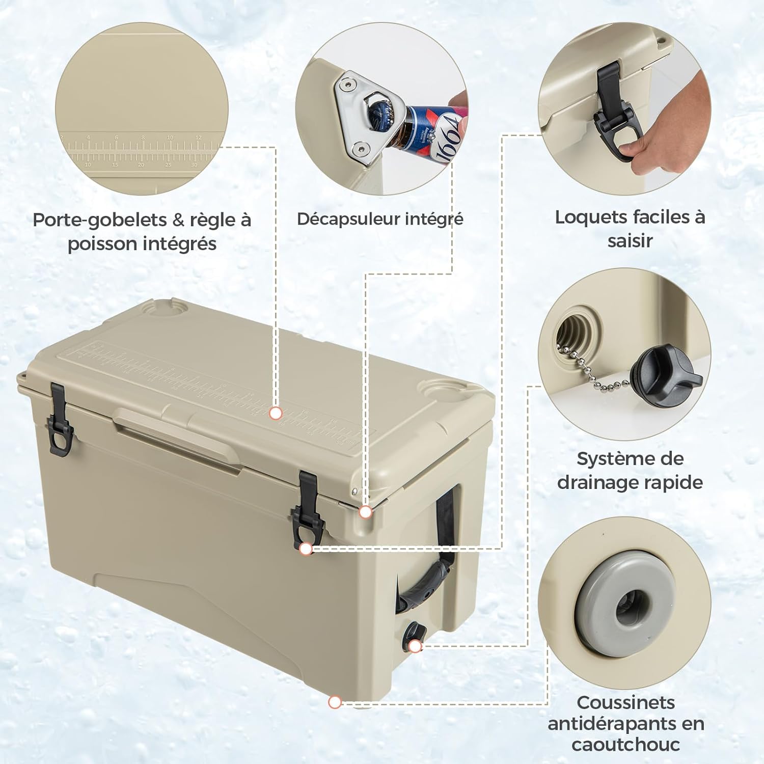 Glacière Isotherme Portable 47 L avec Bouchon de Vidange et Porte-gobelets(Brun Clair) - 2