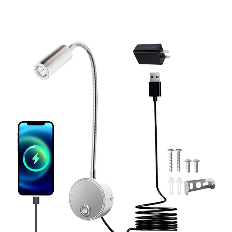 Lampe De Chevet Murale LED Dimmable - Bras Flexible - Port USB - Interrupteur Tactile - Blanc Chaud 3000K 3W