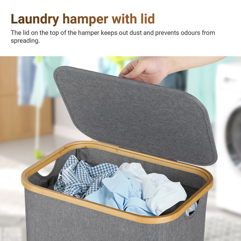 Panier à linge gris, 57 x 37 x 75 cm, avec couvercle et poignées - 3