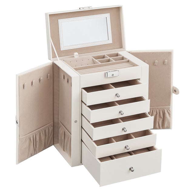 Boîte à Bijoux, Grand, 6 Niveaux avec Ailes, tiroirs, Miroir et Fermoir, Blanc