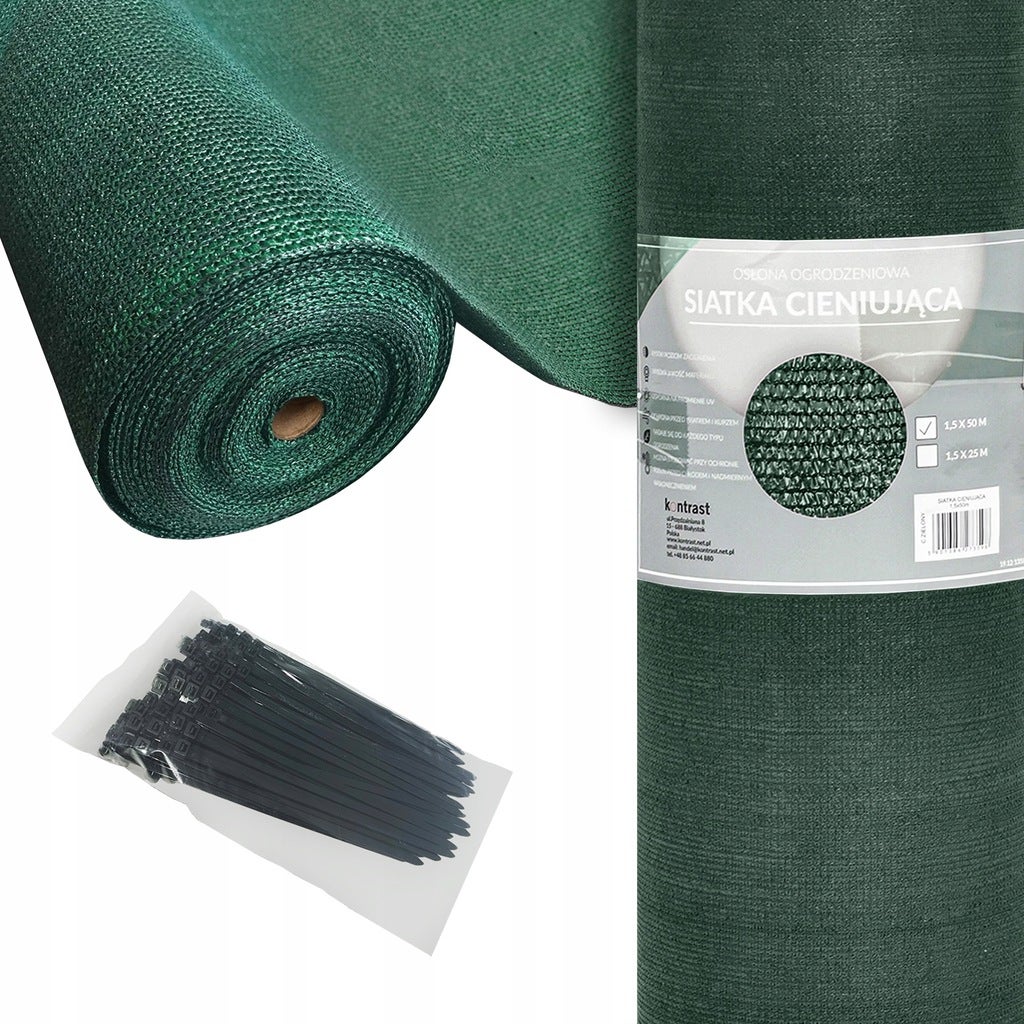 Siatka cieniująca mata osłona płot ogrodzenie 1,5x25 m 62% + opaski UV zielona