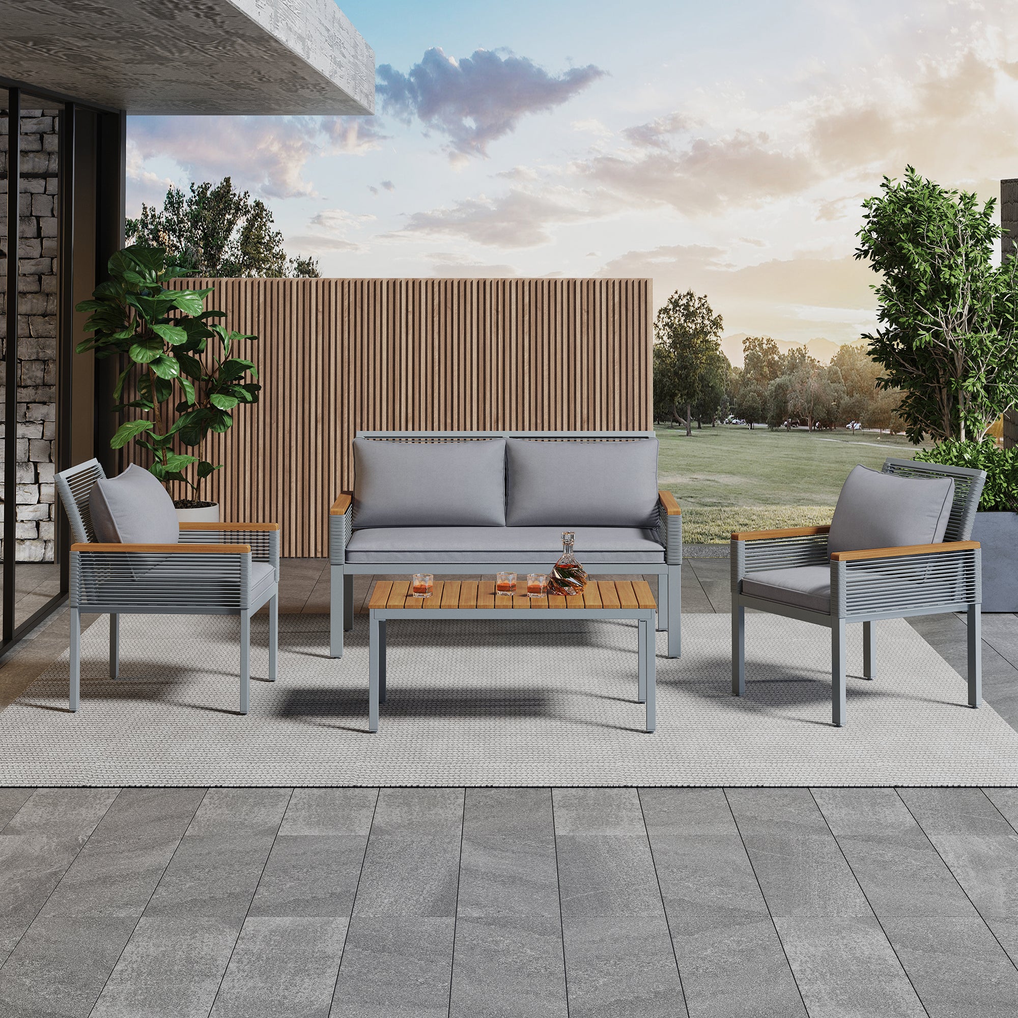 Zestaw ogrodowy z poduszkami, dwuosobowa sofa, 2 fotele i stolik, rattan, szary