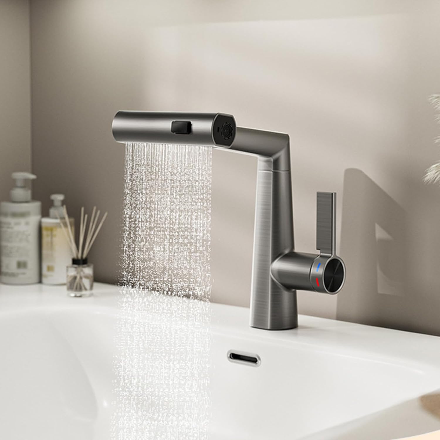 (Gris) Mitigeur cascade avec douchette extractible pour lavabo de salle de bain, robinet de lavabo à poignée unique, 3 modes - 7