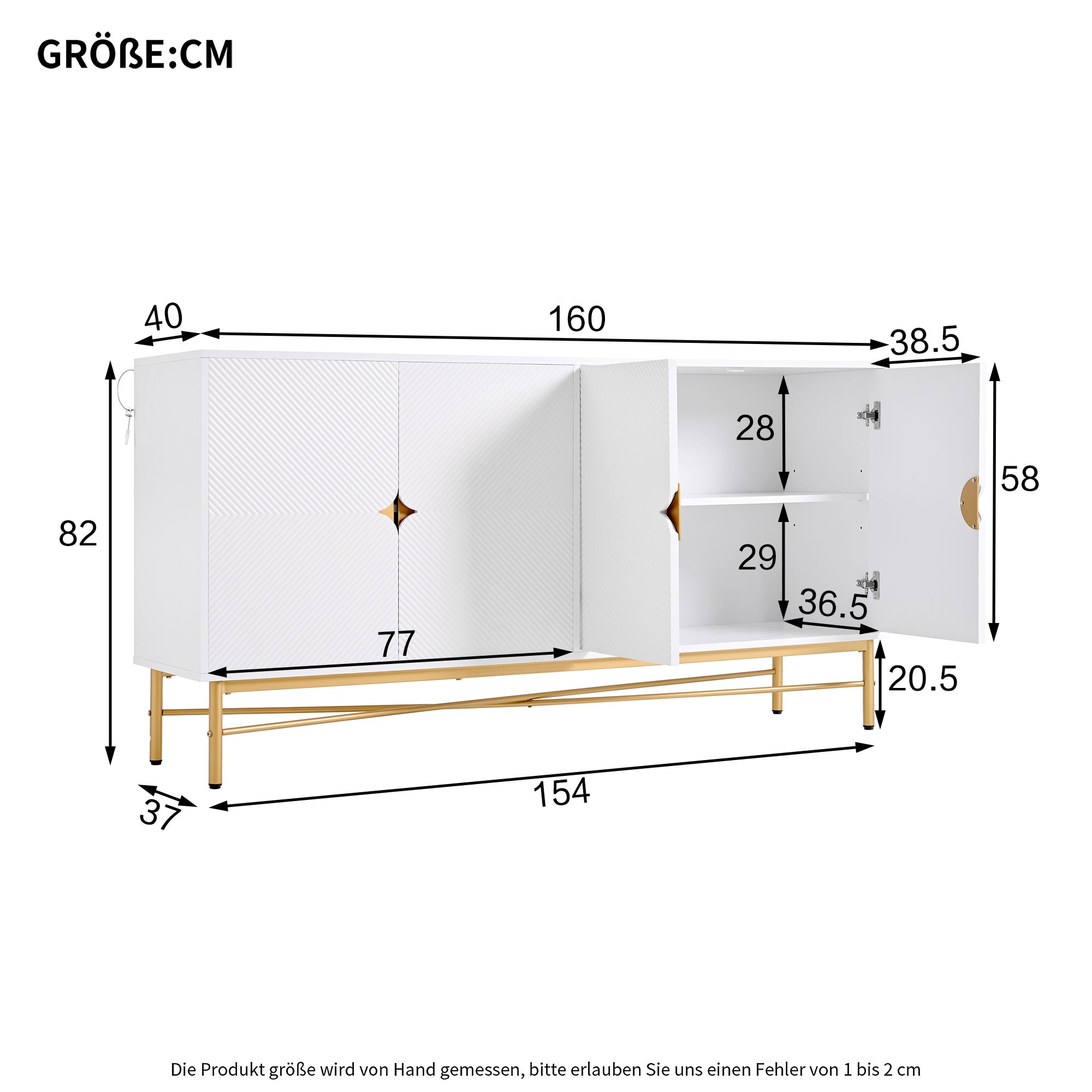Buffet Blanc 160 cm, Meuble Salle à Manger avec 4 Portes - Rangement Storage avec poignées Dorées Brossées et Pieds Brillants - 6
