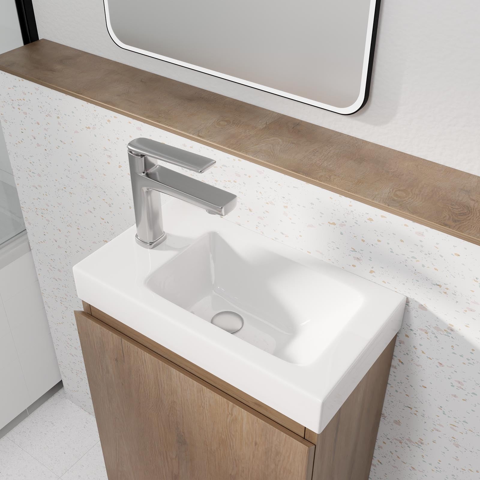Meuble Lave Mains Décor Bois 40x50x22 cm avec Vasque en SMC Blanche - ELEMENTARY - 6